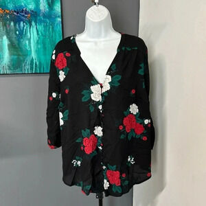 Torrid 1 (14-16) Floral‎ Blouse Button Roll Tab Colorful Peasant Boho Festival